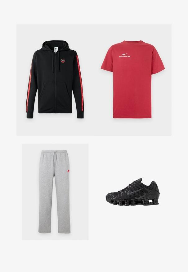 Čierna mikina Nike so zipsom a s kapucňou na šnúrku, predné vrecká a červené pruhy s bielymi logami Nike pozdĺž rukávov.; Červené bavlnené tričko s okrúhlym výstrihom, zdobené bielym logom Nike a textom „NIKE OFFICIAL“ umiestneným v strede na hrudi. Krátke rukávy.; Svetlošedé tepláky s elastickým pásom a šnúrkou, s malým červeným logom Nike na hornej ľavej stehne.; Čierne športové topánky vyrobené zo sieťoviny a syntetických materiálov, s výrazným vlnitým dizajnom, čiernou gumovou podrážkou a reflexnými prvkami.