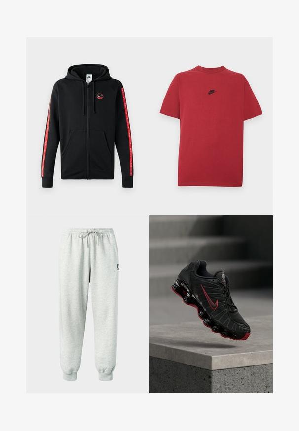 Čierna mikina Nike so zipsom a s kapucňou na šnúrku, predné vrecká a červené pruhy s bielymi logami Nike pozdĺž rukávov.; Červené bavlnené tričko s čiernym logom Nike na hrudi, krátkymi rukávmi, okrúhlym výstrihom a pravidelným strihom. Hladká textúra.; Svetlosivé tepláky z mäkkého materiálu s elastickým pásom, sťahovacou šnúrkou a rebrovanými manžetami; majú malú logo na boku.; Čierno-červená športová obuv Nike s viditeľnou pružinovou podrážkou, balansujúca na okraji betónového schodu.