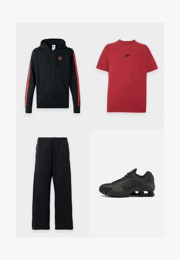 Mustakas Nike'i tõmblukkidega kapuutsiga huppar, millel on nööriga kapuuts, eestaskud ja punased triibud koos valgete Nike'i logodega varrukatel.; Punane puuvillane T-särk, millel on must Nike'i logo rinnal, lühikesed varrukad, ümar kaelus ja tavapärane lõige. Sile tekstuur.; Mustad mustad, pehmest kangast, tõmbluku ülesehitusega, laiad jalad ja küljetaskud, mis omavad siledat tekstuuri.; Mustad mustat jooksujalad, millel on sile sünteetiline ülemus, perforatsioonid, tekstureeritud külgpaneelid ja eristuv elastne tall.