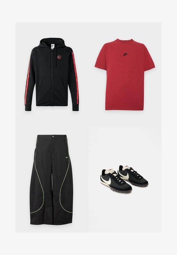 Zwarte Nike zip-up hoodie met trekkoordkap, voorzakken en rode strepen met witte Nike-logo's langs de mouwen.; Rood katoenen T-shirt met een zwart Nike-logo op de borst, korte mouwen, een ronde halslijn en een normale pasvorm. Gladde textuur.; Zwarte wijde Nike-broek met neon groene gebogen biezen en klein Nike-swoosh-logo op de rechterdij, knoop- en ritssluiting in de taille.; Zwarte sportieve schoenen met een gestructureerde bovenkant, witte swoosh-logo en rubberen zool met kleine noppen voor grip. Crèmekleurige kraag.