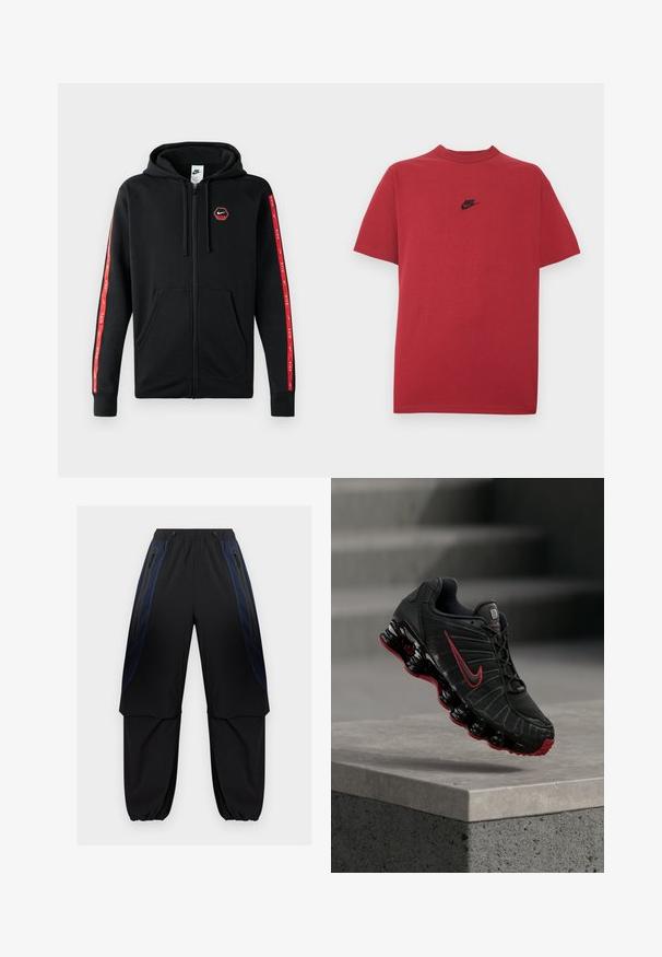 Sudadera con cremallera negra de Nike, con capucha ajustable, bolsillos frontales y rayas rojas con logotipos blancos de Nike a lo largo de las mangas.; Camiseta de algodón roja con un logo negro de Nike en el pecho, mangas cortas, cuello redondo y ajuste regular. Textura lisa.; Pantalones cargo en negro y azul oscuro con cintura y puños elásticos, con bolsillos laterales con cremallera y paneles de tela superpuestos en los muslos.; Zapatilla deportiva Nike negra y roja con suela visible tipo muelle, equilibrándose en el borde de un escalón de hormigón.