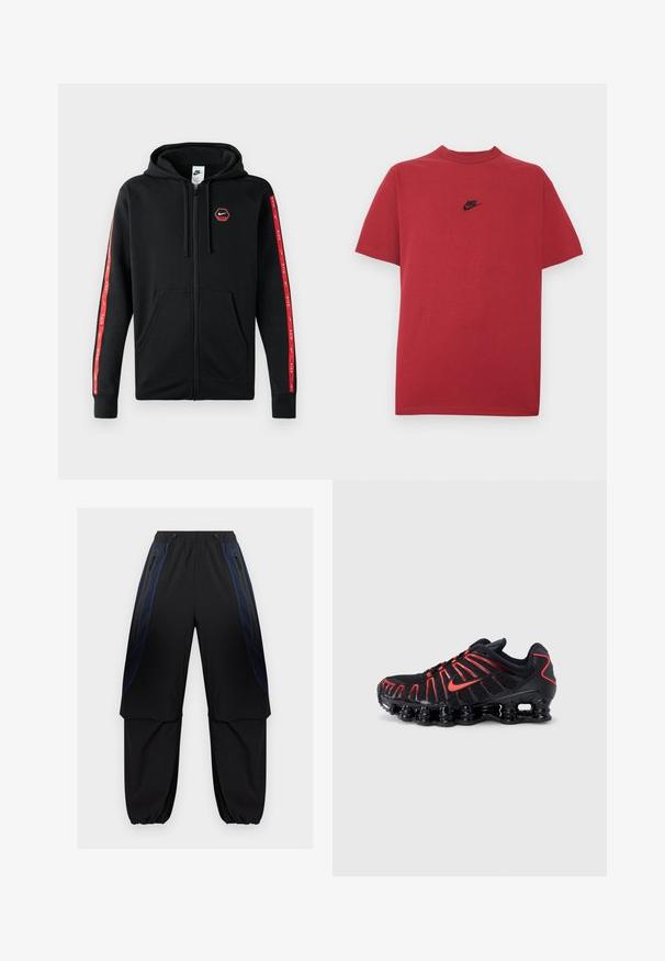 Mustahi Nike zip-up hoodie mweusi wenye kofia inayoingizwa, mifuko ya mbele, na mistari nyekundu yenye nembo za Nike za rangi nyeupe kwenye mikono.; Punainen puuvillainen t-paita, jossa on musta Nike-logo rinnassa, lyhyet hihat, pyöreä pääntie ja normaali istuvuus. Sileä rakenne.; Mustat ja tummansiniset cargo-housut, joissa on joustava vyötärönauha ja resorit lahkeensuissa, vetoketjulliset sivutaskut sekä kerrokselliset kangaspaneelit reisissä.; Musta urheilukengät punaisilla yksityiskohdilla, joissa on teksturoitu verkkopäällinen, ainutlaatuinen aaltoileva muotoilu ja muotoiltu pehmustettu pohja.