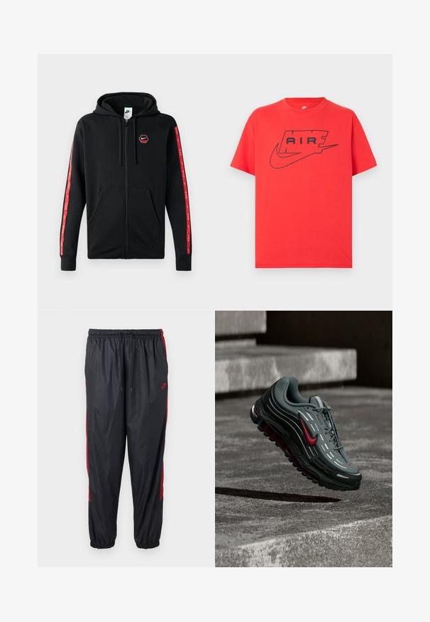 Zwarte Nike zip-up hoodie met trekkoordkap, voorzakken en rode strepen met witte Nike-logo's langs de mouwen.; Rood katoenen T-shirt met een zwart Nike-logo en de tekst "AIR". Korte mouwen en een ronde hals met een comfortabele pasvorm. Soepele textuur.; Zwarte Nike hardloopbroek met rode zijkstrepen, elastische tailleband met trekkoord en elastische boorden.; Grijze en zwarte sportschoen met rode accenten en reflecterende strepen zwevend boven een gestructureerd betonnen oppervlak met trappen op de achtergrond.