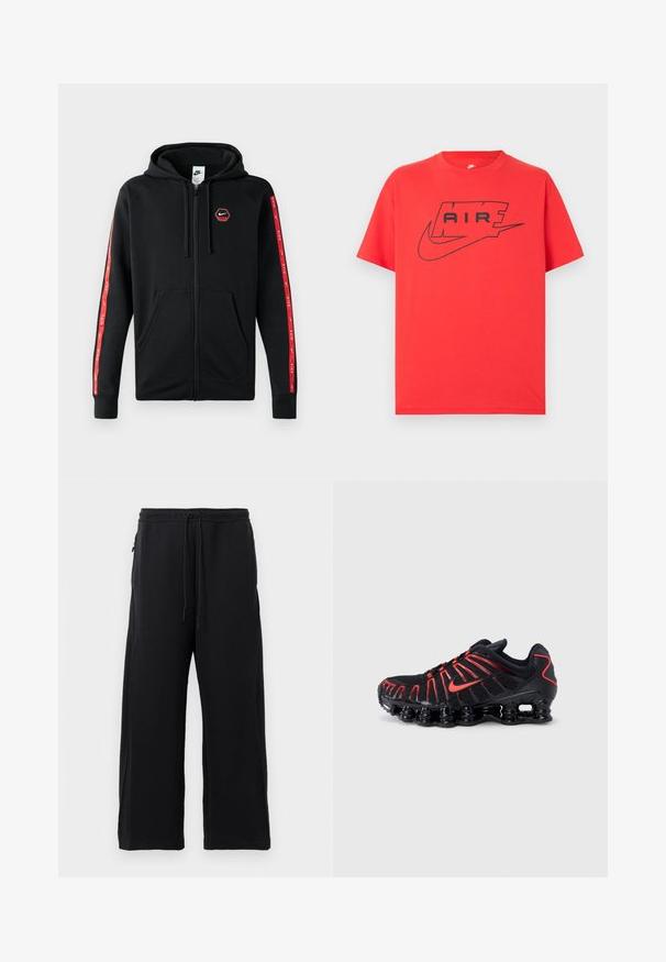 Schwarze Nike Zip-Hoodie mit Kordelzugkapuze, Fronttaschen und roten Streifen mit weißen Nike-Logos entlang der Ärmel.; Rotes Baumwoll-T-Shirt mit schwarzem Nike-Logo und "AIR"-Schriftzug. Mit kurzen Ärmeln und rundem Halsausschnitt sowie einem legeren Schnitt. Glatte Textur.; Schwarze Jogginghosen aus weichem Material, mit einem Kordelzugbund, weitem Beinschnitt und seitlichen Taschen mit glatter Textur.; Schwarze Sportchuhe mit roten Akzenten, ausgestattet mit einem strukturierten Mesh-Obermaterial, einem einzigartigen wellenförmigen Design und einer geformten, gepolsterten Sohle.