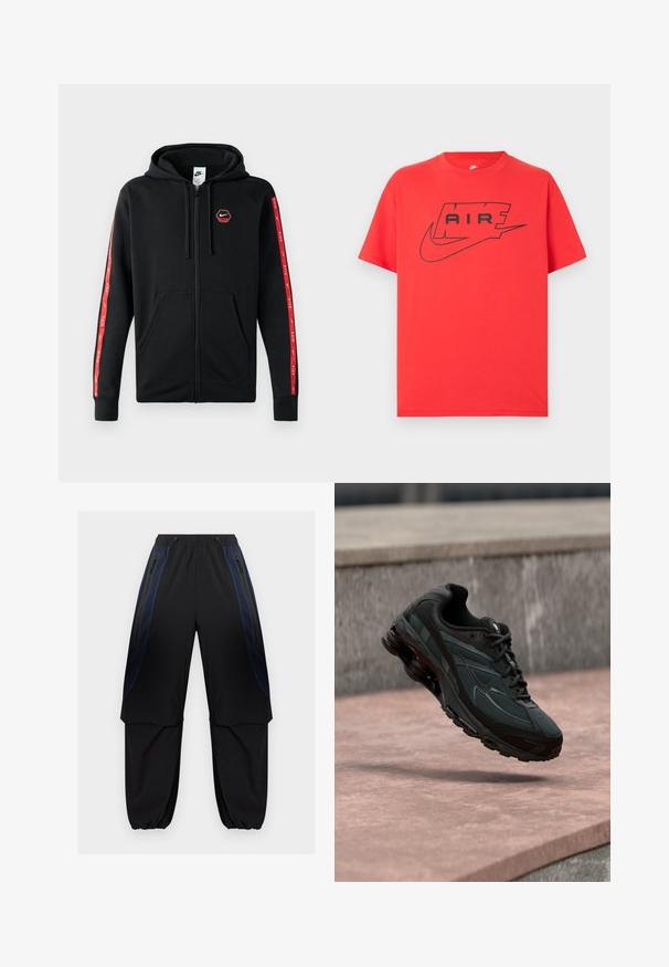 Zwarte Nike zip-up hoodie met trekkoordkap, voorzakken en rode strepen met witte Nike-logo's langs de mouwen.; Rood katoenen T-shirt met een zwart Nike-logo en de tekst "AIR". Korte mouwen en een ronde hals met een comfortabele pasvorm. Soepele textuur.; Zwarte en donkerblauwe cargobroek met elastische tailleband en boorden, voorzien van ritssluitingen aan de zijkanten en gelaagde stofpanelen op de dijen.; Zwarte atletische sneaker met zichtbare luchtgeveerde tussenzool die boven een roze stenen oppervlak zweeft met een grijze stenen muur op de achtergrond.