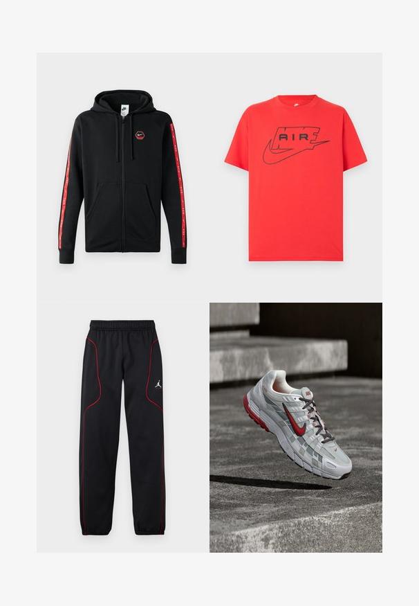 Zwarte Nike zip-up hoodie met trekkoordkap, voorzakken en rode strepen met witte Nike-logo's langs de mouwen.; Rood katoenen T-shirt met een zwart Nike-logo en de tekst "AIR". Korte mouwen en een ronde hals met een comfortabele pasvorm. Soepele textuur.; Zwarte sportbroek met rode bies, elastische tailleband en manchetten, en een klein wit Jumpman-logo op de rechterdij.; Witte en grijze Nike hardloopschoen met rode accenten en zwarte veters, hangend boven grijze betonnen treden.