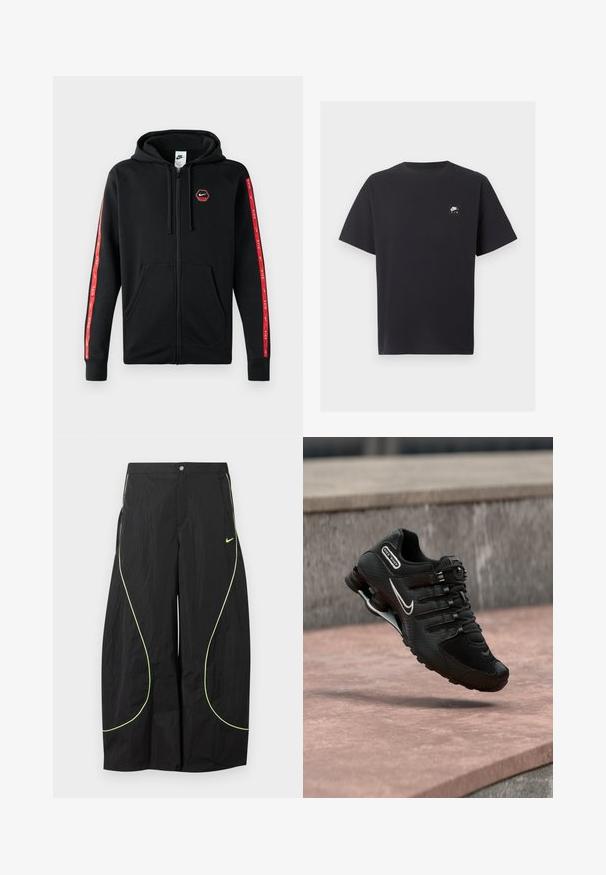 Mustakas Nike'i tõmblukkidega kapuutsiga huppar, millel on nööriga kapuuts, eestaskud ja punased triibud koos valgete Nike'i logodega varrukatel.; Mustad lühikeste varrukatega Nike Air T-särk ümmarguse kaelusega ja vasakul rinnal väikese valge logoga.; Mustad laia säärega Nike püksid neoonrohelise kaarekujuga äärise ja väikese Nike-tõmbe logoga paremal reiel, vöökoht tähistatud nööbi ja lukuga.; Must Nike Shox jooksujalats valge Swooshi logoga, õhus roosakat tooni betoonpinna kohal, halli kiviseina taustal.