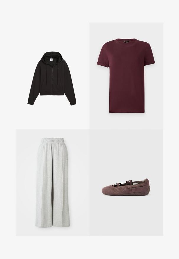 Schwarzer, cropped Hoodie mit einem Reißverschluss vorne, Kordelzugkapuze und Fronttasche. Hergestellt aus strukturiertem Stoff mit subtilen Logodetails.; Burgunderfarbene T-Shirt aus weicher Baumwolle, mit Rundhalsausschnitt, kurzen Ärmeln und einem lässigen Schnitt. Es hat eine glatte Textur und keine sichtbaren Muster.; Hellgraue, weit geschnittene Sweatpants mit einem elastischen Bund und seitlichen Nähten. Hergestellt aus einem weichen Baumwollmischgewebe für angenehmen Tragekomfort. Keine sichtbaren Logos.; Brauner Ballerinaschuh aus Wildleder mit elastischen Riemen und strukturierter Sohle, in Seitenansicht vor hellem, einfarbigem Hintergrund gezeigt.