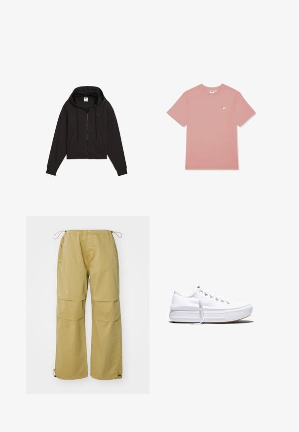 Schwarzer, cropped Hoodie mit einem Reißverschluss vorne, Kordelzugkapuze und Fronttasche. Hergestellt aus strukturiertem Stoff mit subtilen Logodetails.; Hellrosa FILA T-Shirt mit kurzen Ärmeln, Rundhalsausschnitt und kleinem weißen und roten FILA-Logo auf der linken Brust.; Cargo-Hosen in Khaki, mit weitem Bein, elastischem Bund, vorderen Taschen und verstellbaren Kordelzug-Bündchen. Aus leichtem Stoff gefertigt.; Weißer Canvas-Sneaker mit niedrigem Schnitt, dicker Plateau-Sohle, vorderer Schnürung und rauer Gummikappe an der Spitze, aus seitlicher Ansicht gezeigt.