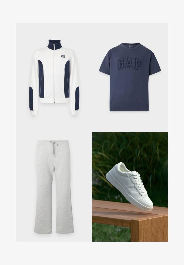 Hvid sweatshirt med lynlås og marineblå detaljer på siderne og ærmerne. Stå-hals, elastiske manchetter og logo på brystet. Glat stof.; Mørkeblå kortærmet t-shirt med rund hals og hævede teksturerede "GAP" bogstaver på brystet.; Lys grå bomuldsblandede sweatpants med lige ben, elastisk talje, snøre og sidelommer, vist fladt på hvid baggrund.; Hvide lædersneakers med en glat overflade, prydet med perforeret design, klassisk snørering og gummisål, placeret over en træoverflade.