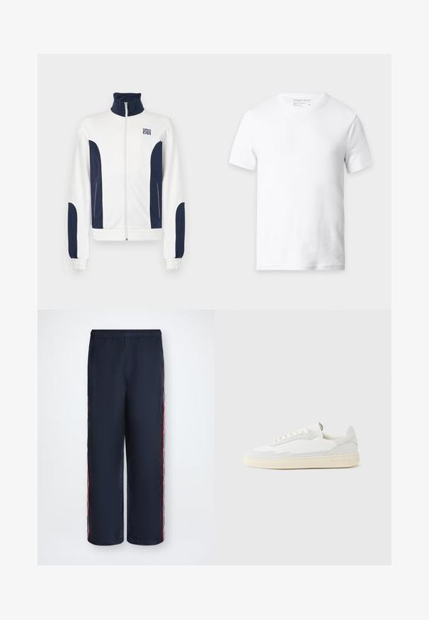Witte zip-up jas met marineblauwe accenten aan de zijkanten en mouwen. Staande kraag, elastische manchetten en logo op de borst. Glad materiaal.; Effen wit katoenen T-shirt met korte mouwen, geribbelde structuur en ronde hals, getoond op een lichtgrijze achtergrond.; Marineblauwe broek met wijde pijpen, een elastische tailleband en rode, witte en zwarte gestreepte zijkantdetails.; Witte sneaker met een bovenwerk van gestructureerd suède en leer. Voorzien van een afgeronde neus, vetersluiting en een contrasterende beige rubberen zool.