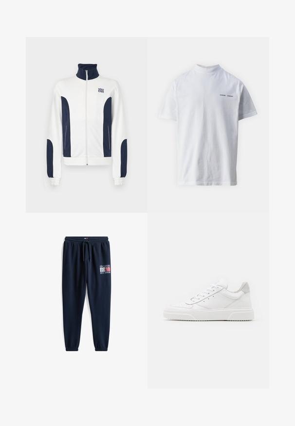 Witte zip-up jas met marineblauwe accenten aan de zijkanten en mouwen. Staande kraag, elastische manchetten en logo op de borst. Glad materiaal.; Witte katoenen t-shirt met een hoge hals en korte mouwen. Voorzien van het 'SAMSØE SAMSØE' logo in het zwart op de voorkant. Glad van textuur.; Marineblauwe joggingbroek van zacht materiaal heeft een elastische tailleband met een trekkoord, taps toelopende manchetten en een bedrukt logo op de dij.; Witte leren sneakers met een gladde afwerking, ronde neus, platte veters en een gestructureerde zool. Grijze suède accent bij de hiel.