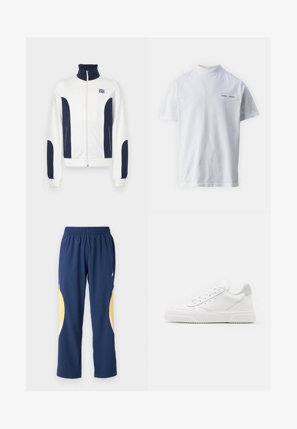 Witte zip-up jas met marineblauwe accenten aan de zijkanten en mouwen. Staande kraag, elastische manchetten en logo op de borst. Glad materiaal.; Witte katoenen t-shirt met een hoge hals en korte mouwen. Voorzien van het 'SAMSØE SAMSØE' logo in het zwart op de voorkant. Glad van textuur.; Marineblauwe sportbroek met een elastische tailleband. Bevat gele en witte gebogen accenten aan de zijkanten. Zachte, gladde stof.; Witte leren sneakers met een gladde afwerking, ronde neus, platte veters en een gestructureerde zool. Grijze suède accent bij de hiel.