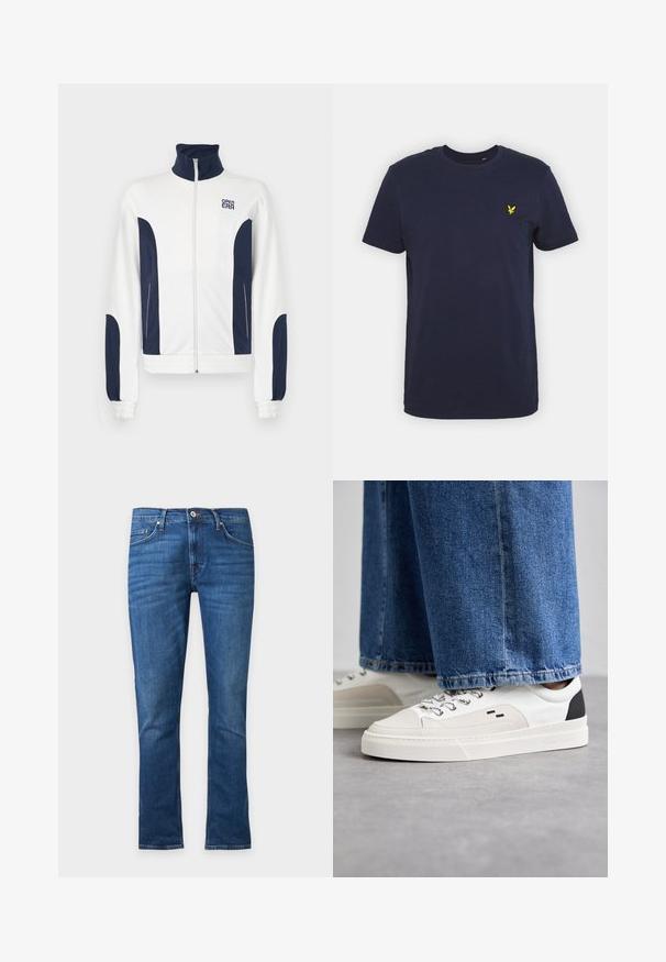 Witte zip-up jas met marineblauwe accenten aan de zijkanten en mouwen. Staande kraag, elastische manchetten en logo op de borst. Glad materiaal.; Marineblauwe katoenen t-shirt met een ronde halslijn en korte mouwen, voorzien van een klein geel geborduurd logo op de linkerborst.; Rechte blauwe denim jeans met knoop aan de voorkant, ritssluiting en ontwerp met vijf zakken, frontaal getoond op een effen achtergrond.; Witte en zwarte sneakers met een glad leren bovenwerk, textuuraccenten en een chunky witte zool. Heeft een klassiek vetersluiting ontwerp.