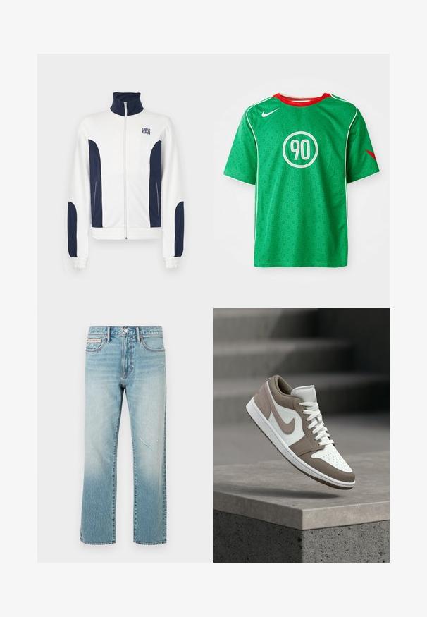 Weiße Zip-Jacke mit marineblauen Akzenten an den Seiten und Ärmeln. Stehkragen, elastische Bündchen und Logo auf der Brust. Glattes Material.; Grünes Nike-Sportshirt mit kurzen Ärmeln, weißen Akzenten, gepunktetem Muster und einem runden weißen "90"-Logo in der Mitte. Roter Kragen.; Hellblaue Denim-Jeans mit geradem Bein, einem ausgewaschenen Effekt und einer kleinen, abgenutzten Stelle. Sie verfügen über ein traditionelles Fünf-Taschen-Design und eine mittelhohe Taille.; Weißer und taupefarbener Sneaker mit niedrigem Schaft, Schnürsenkeln, Zwischensohle und Nike-Swoosh, der über einer Betonkante schwebt, mit Treppen im Hintergrund.