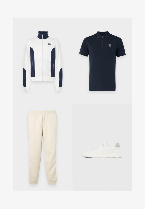 Witte zip-up jas met marineblauwe accenten aan de zijkanten en mouwen. Staande kraag, elastische manchetten en logo op de borst. Glad materiaal.; Navy polo-shirt met korte mouwen, ritskraag en een klein geborduurd logo op de borst. Zachte, lichte stof.; Lichtbeige sweatpants gemaakt van zachte stof met een taps toelopend ontwerp, elastische tailleband en boorden bij de enkels. Geen zichtbare patronen of accenten.; Witte lage sneaker met grijze hielpatch, witte veters en een gestructureerde zool, gepresenteerd op een effen lichte achtergrond.