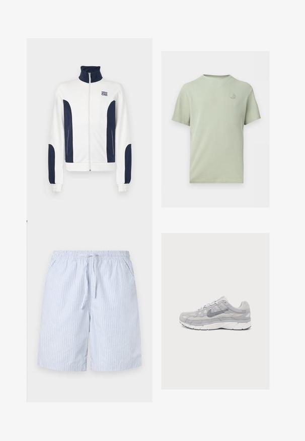 Witte zip-up jas met marineblauwe accenten aan de zijkanten en mouwen. Staande kraag, elastische manchetten en logo op de borst. Glad materiaal.; Lichtgroen gestructureerd T-shirt met korte mouwen, ronde halslijn en klein rond logo op de linkerborst.; Blauw-witte gestreepte zwembroek gemaakt van lichtgewicht stof, met een elastische tailleband met trekkoord en zijzakken.; Lichtgrijze Nike hardloopschoen met mesh- en suède panelen, dikke witte zool en een Swoosh-logo aan de zijkant, in profiel weergegeven op een effen achtergrond.