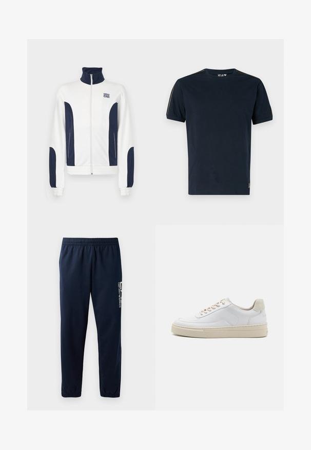 Witte zip-up jas met marineblauwe accenten aan de zijkanten en mouwen. Staande kraag, elastische manchetten en logo op de borst. Glad materiaal.; Donkerblauw T-shirt van katoen met korte mouwen, ronde halslijn en gestructureerde schouderaccenten. Logo op de onderste linkerkant.; Marineblauwe trainingsbroek met een elastische tailleband, taps toelopende pijpen en een wit logo aan de zijkant. Gladde stof met een lichte textuur.; Witte sneaker met een gevoerd leren bovenwerk, beige veters en een gestructureerde beige suede hieltab. Verhoogde zool voor extra hoogte.