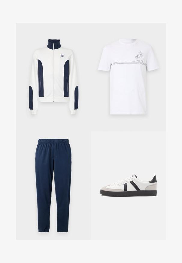 Veste zippée blanche avec des accents bleu marine sur les côtés et les manches. Col montant, poignets élastiques et logo sur la poitrine. Tissu lisse.; T-shirt blanc à manches courtes avec un fin trait noir sur la poitrine représentant deux palmiers et un soleil ou une lune.; Pantalons de survêtement bleu marine en tissu doux, dotés d'une taille élastique et de jambes fuselées avec des poignets élastiques. Pas de motifs ni d'accents visibles.; Baskets blanches avec des accents noirs et gris, présentant un embout texturé gris, une semelle en caoutchouc noir et des lacets plats blancs. Design épuré, style minimaliste.