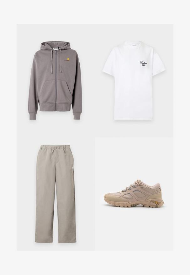 Haut de survêtement gris à zip, en tissu doux, avec une capuche à cordon, deux poches avant et un petit logo sur la poitrine gauche.; T-shirt blanc à manches courtes avec le logo "Carhartt Wip" en écriture noire sur la poitrine gauche et un col rond.; Pantalon beige à jambe droite avec une ceinture élastique et un petit logo blanc sur la couture latérale droite.; Baskets de sport beiges avec une tige en maille texturée, revêtement synthétique et semelle extérieure Vibram. Comprend un système de laçage et des détails sur les panneaux latéraux.