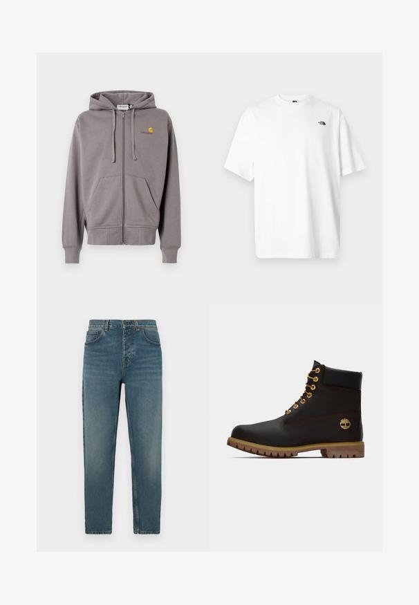 Haut de survêtement gris à zip, en tissu doux, avec une capuche à cordon, deux poches avant et un petit logo sur la poitrine gauche.; T-shirt en coton blanc à manches courtes, col en V, avec un petit logo noir sur le côté supérieur gauche. Texture douce, coupe décontractée.; Jean en denim bleu avec une coupe droite, une texture délavée, un style à cinq poches et une fermeture par bouton en métal à la taille.; Bottine noire en cuir avec œillets dorés, accents marron et semelle en caoutchouc. Comprend un col rembourré et un logo estampé sur le côté.