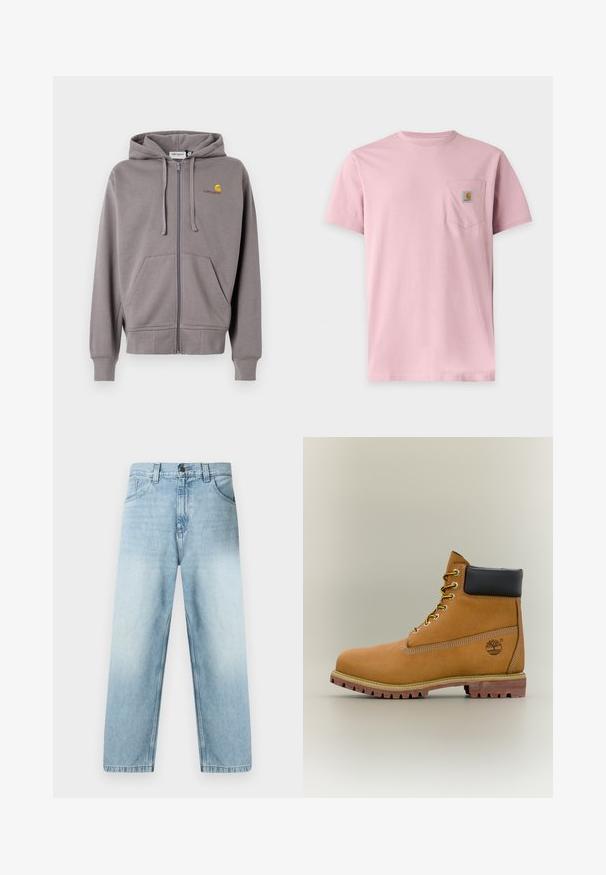 Haut de survêtement gris à zip, en tissu doux, avec une capuche à cordon, deux poches avant et un petit logo sur la poitrine gauche.; T-shirt rose uni à manches courtes avec une poche poitrine comportant un petit patch rectangulaire avec le logo Carhartt.; Jean bleu clair à jambes droites avec une finition délavée, un design à cinq poches et des coutures visibles le long des coutures. Matière en denim de coton.; Bottine en cuir marron avec col noir, lacets jaunes et semelle beige. Présente un logo et des détails de couture blanche. Semelle extérieure à traction robuste.