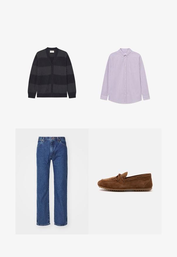 WOOD WOOD WWLEVI - Strickjacke - salute stripe; Lila und weiße gestreifte Langarmbluse mit Button-Down-Kragen, einer einzelnen Brusttasche und abgerundetem Saum. Aus leichtem Material gefertigt.; Gerade geschnittene blaue Jeans aus Denim mit vorderem Knopf, Reißverschluss, Gürtelschlaufen und Fünf-Taschen-Design auf einem schlichten weißen Hintergrund.; Brauner Veloursleder-Slipper mit Schnürdetail, Gummisohle mit Grip-Noppen und Nahtakzent auf schlichtem weißem Hintergrund.