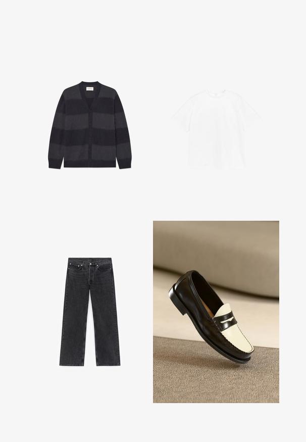 WOOD WOOD WWLEVI - Cardigan - salute stripe; Kortærmet crewneck t-shirt i ensfarvet hvid bomuld. Standard pasform med et simpelt design og ingen synlige mønstre eller accenter.; Sorte denimjeans med vidt ben, der har forlommer, knaplukning og subtil falmning i stoftekstueren.; Sort læderloafer med en cremefarvet vamp og sorte accentstriber, som har en lav hæl og detaljeret syning langs kanterne.
