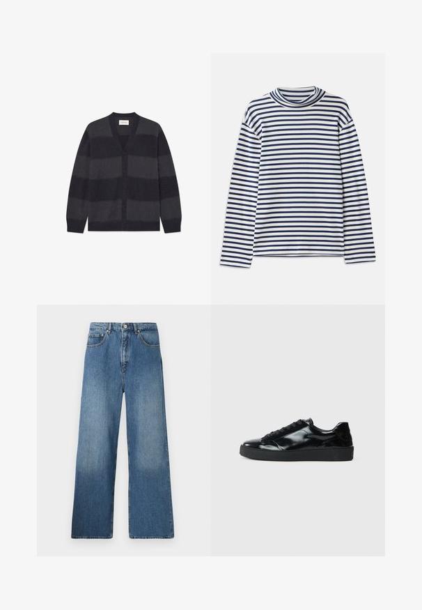 WOOD WOOD WWLEVI - Cardigan - salute stripe; CLOSED TURTLE NECK - Langærmet T-shirt - dark night; Bredde ben blå denim jeans med et klassisk fem-lomme design, frontlukning med knap og let falming for tekstur.; Sorte laklæder sneakers med rund tå, snørredesign, tekstureret gummisål og en glat overflade.