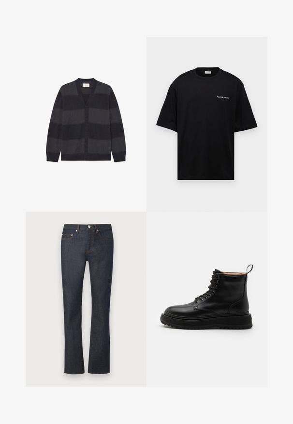 WOOD WOOD WWLEVI - Strickjacke - salute stripe; Schwarzes Baumwoll-T-Shirt mit lockerer Passform, kurzen Ärmeln und einem weißen "FILLING PIECES"-Logo auf der linken Brust. Glatte Textur.; Dunkelblaue gerade geschnittene Jeans mit Knopf- und Reißverschluss vorne sowie Fünf-Taschen-Design vor einfachem Hintergrund.; Sneaky Steve SLACK - Schnürstiefelette - black