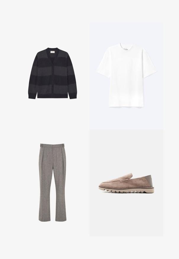 WOOD WOOD WWLEVI - Cardigan - salute stripe; Enkel hvid T-shirt med korte ærmer og rund hals med afslappet pasform, vist på en lys baggrund.; Grå højttaljede, lige ben bukser med frontplisser og justerbare sidelommer på hvid baggrund.; Lysebrun ruskind loafer med zigzag gummisål og glat hælpatch, sidevisning på en ensfarvet hvid baggrund.