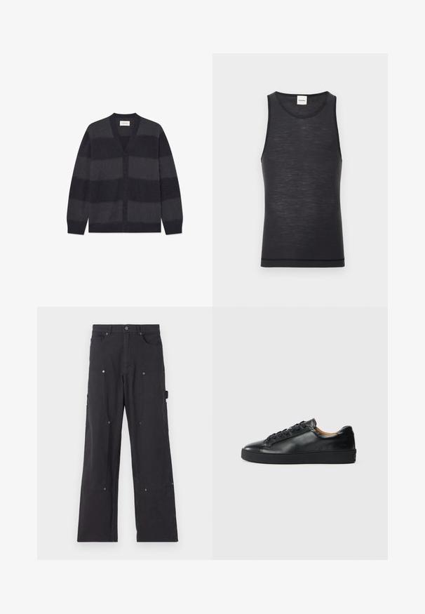 WOOD WOOD WWLEVI - Cardigan - salute stripe; Sort ærmeløs tanktop lavet af let materiale, med en rund halsudskæring og en subtil tekstur, samt en kontrastdetalje i kanten.; Sorte cargo-bukser lavet af slidstærkt stof med lige ben-design, der har forlommer, trykknapper og side-nytte lommer.; Sorte lædersneakers med en glat overflade, rund tå og snørebåndslukning. Har en tyk gummisål og minimal branddetalje.