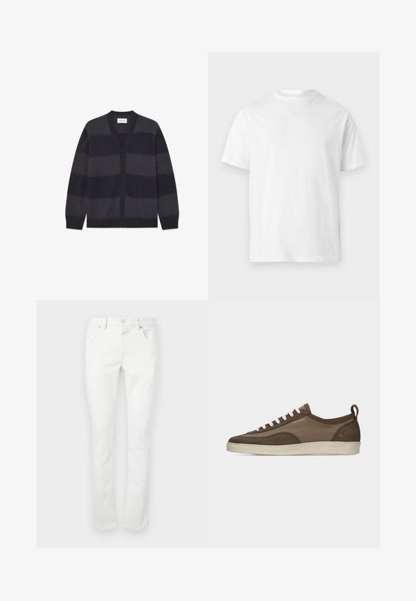 WOOD WOOD WWLEVI - Kardigan - salute stripe; Lihtsa ja puhta disainiga valge lühikeste varrukatega ümara kaelusega t-särk, millel puuduvad nähtavad logod või mustrid.; Valged denim püksid sirge lõikega, viie tasku disain ja metallist nööbi kinnitamine. Sile tekstuur ja minimaalsed õmbluse detailid.; Madal profiiliga pruun vabaajajalats valgete paeltega, beež tallaga, kangast ja seemisnahast pealsega, külje tõmbetabaga ning "Tiger of Sweden" kuldse tekstilogoga.