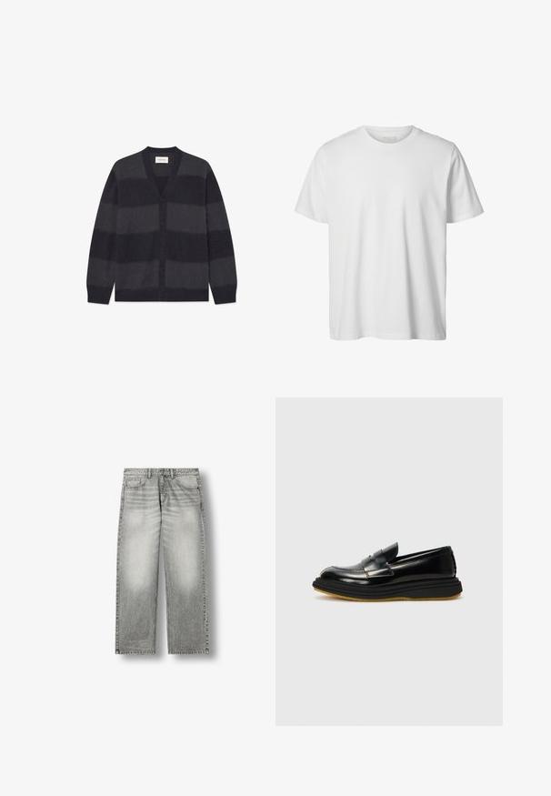 WOOD WOOD WWLEVI - Cardigan - salute stripe; Enkelt hvid T-shirt med korte ærmer og rund hals, løs pasform og uden synlige logoer eller designs foran.; Gråblegede straight-leg jeans med forlommer, bæltestropper og knaplukning på hvid baggrund.; Sorte læder loafers med et struktureret design, der har en forhøjet frontpanel, stikninger og en tyk, tekstureret gummisål.