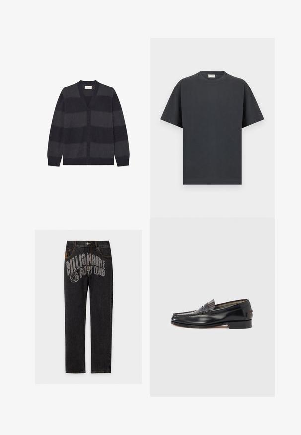 WOOD WOOD WWLEVI - Kardigán - salute stripe; Čierne tričko s krátkym rukávom a okrúhlym výstrihom, s rovnou lemom, zobrazené natesno na svetlosivom pozadí.; Čierne rifle z denimu so sivým textom "Billionaire Boys Club" a grafikou astronautovej prilby na prednej hornej časti stehna.; Čierne kožené mokasíny s dizajnom v štýle mokasín, s ozdobným pásikom a šitím na vrchnej časti. Nízky blokový podpätok.