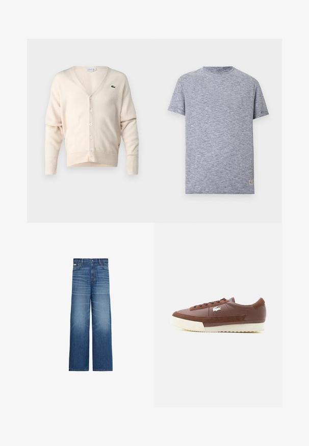 Cárdigan beige hecho de una tela suave, con escote en V, cierre de botones, mangas largas y un pequeño logo verde en el lado izquierdo del pecho.; Camiseta de manga corta con cuello redondo, con finas rayas horizontales en azul marino y blanco y una pequeña etiqueta rectangular cerca del dobladillo.; Vaqueros azules de pierna ancha con detalles descoloridos, cinco bolsillos y cierre de botón en la cintura.; Zapatilla de corte bajo marrón con suela blanca, detalles en ante, cordones marrón oscuro y un logo de cocodrilo blanco en el lateral.