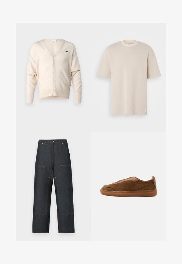 Cárdigan beige hecho de una tela suave, con escote en V, cierre de botones, mangas largas y un pequeño logo verde en el lado izquierdo del pecho.; Camiseta de color beige de canalé con cuello redondo y mangas cortas, que presenta una etiqueta de marca visible en la esquina inferior izquierda.; Vaqueros de mezclilla azul oscuro con diseño de pierna ancha, que presentan costuras contrastantes en color naranja, bolsillos delanteros y un cierre clásico de botón.; Zapatilla baja de ante marrón con cordones a juego y suela de goma, mostrada desde el lado exterior sobre un fondo liso.