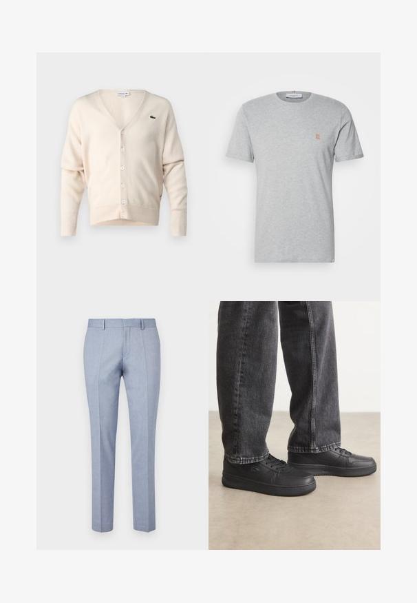 Cárdigan beige hecho de una tela suave, con escote en V, cierre de botones, mangas largas y un pequeño logo verde en el lado izquierdo del pecho.; Camiseta gris de manga corta de algodón, con un pequeño logo naranja "II" en el lado izquierdo del pecho y un cuello redondo. Textura suave.; Pantalones ajustados de color azul claro con una textura de tela suave, con un frentel plano, dos bolsillos frontales y un diseño de corte slim.; Zapatillas de cuero negro con cordones planos, textura suave, perforaciones sutiles y detalle de logo, combinadas con jeans de denim oscuro.