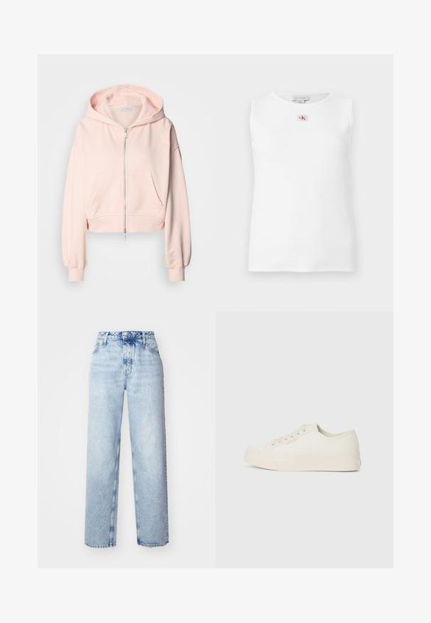 Geknipte roze hoodie van zachte stof, met een voorrits, twee voorzakken en een capuchon met trekkoorden en verzamelde mouwen.; Witte mouwloze geribbelde tanktop met een klein rood en zwart Calvin Klein-logo gecentreerd net onder de halslijn.; Lichtblauwe high-waisted jeans met een losse pasvorm, met rechte pijpen, vijf zakken en een klassieke knoop- en ritssluiting.; Sneakers van off-white canvas, met een laag ontwerp, ronde neus en platte rubberen zool met subtiele stiksels.