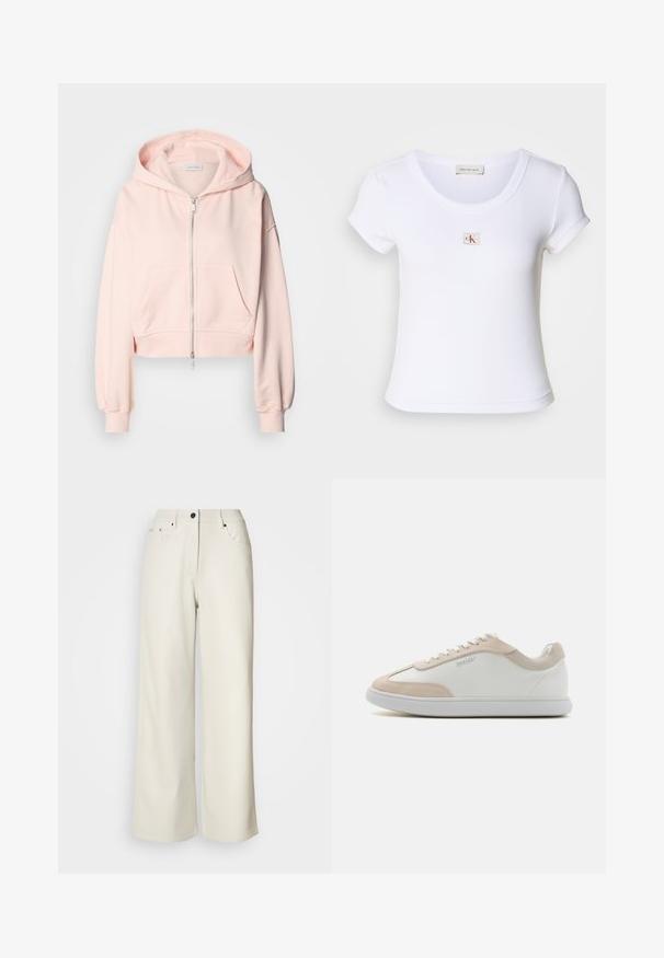 Geknipte roze hoodie van zachte stof, met een voorrits, twee voorzakken en een capuchon met trekkoorden en verzamelde mouwen.; Witte fitted t-shirt van ribstof, met een ronde halslijn en korte mouwen. Een klein CK-logo is op de borst gestikt.; Crème wijde benen broek van gladde stof. Heeft een mid-rise taille, ritssluiting en twee voorzakken met zwarte hardware accenten.; Witte leren sneakers met beige suède accenten en witte veters. Beschikt over een ronde neus en een gevoerde zool voor comfort.
