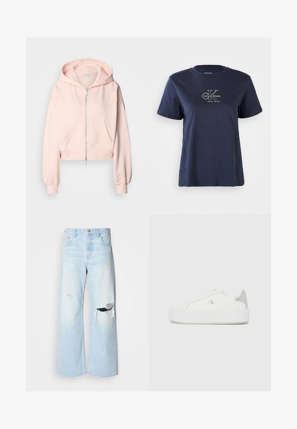 Gekürzter rosa Hoodie aus weichem Stoff, mit einem Frontreißverschluss, zwei Vordertaschen und einer Kapuze mit Kordelzug sowie gerafften Ärmeln.; Navyblaue Baumwoll-T-Shirt mit kurzen Ärmeln, das auf der Vorderseite ein kleines weißes "Calvin Klein"-Logo in der Mitte trägt. Rundhalsausschnitt, lässige Passform.; Helle blaue, weit geschnittene Jeans aus Denim mit hoher Taille, großen Rissen an den Knien und einem klassischen Fünf-Taschen-Design mit kupferfarbenen Beschlägen.; Weiße Leinensneaker mit einer dicken weißen Sohle, die ein metallisch silbernes Detail an der Ferse und ein dezentes Logo auf der Seite aufweisen.