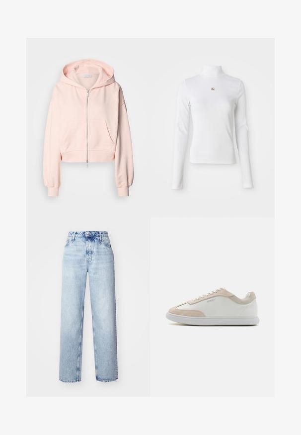 Gekürzter rosa Hoodie aus weichem Stoff, mit einem Frontreißverschluss, zwei Vordertaschen und einer Kapuze mit Kordelzug sowie gerafften Ärmeln.; Langärmliges, weißes Rollkragenoberteil aus Rippmaterial. Verfügt über ein kleines gesticktes Logo in der Mitte. Enganliegendes Design ohne Muster.; Hellblaue High-Waist-Jeans mit lockerer Passform, geradem Bein, fünf Taschen und klassischem Knopf- und Reißverschluss.; Weiße Ledersneaker mit beigen Wildleder-Akzenten und weißen Schnürsenkeln. Sie verfügen über eine runde Zehenform und eine gepolsterte Sohle für zusätzlichen Komfort.