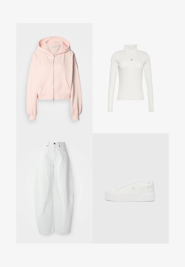 Gekürzter rosa Hoodie aus weichem Stoff, mit einem Frontreißverschluss, zwei Vordertaschen und einer Kapuze mit Kordelzug sowie gerafften Ärmeln.; Hellgraues Langarm-Rollkragenhemd mit kleinem rot-schwarzem "ck"-Logo mittig auf der Brust.; Hochtaillierte weiße Denim-Hose mit lockerer Passform. Einfacher Knopfverschluss, seitliche Taschen und minimalistisches Design. Glatte Textur.; Weiße Plattform-Sneaker mit einem glatten Leder-Obermaterial, abgerundetem Zehenbereich, weißen Schnürsenkeln und dezentem Logo-Detail an der Seite. Flache Gummisohle.