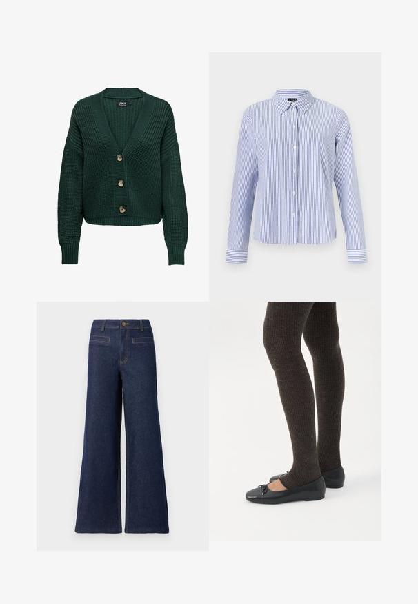 Cardigan en maille verte avec un col en V, des manches longues et trois boutons marron sur le devant. Motif texturé et ourlet côtelé.; Chemise à manches longues boutonnée, avec des rayures verticales blanches et bleu clair et un col pointu, présentée sur un fond uni.; Pantalons en denim à jambes larges de couleur bleu foncé, avec une taille haute, une fermeture par bouton supérieur et des coutures orange contrastantes. Deux poches arrière visibles.; Jambes portant des leggings côtelés foncés associés à des ballerines noires avec de petits détails en nœud sur fond blanc.