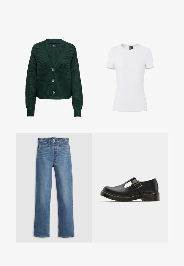 Cardigan en maille verte avec un col en V, des manches longues et trois boutons marron sur le devant. Motif texturé et ourlet côtelé.; T-shirt blanc ajusté à manches courtes avec col rond et étiquette intérieure visible au niveau du col, présenté sur un fond uni.; Jeans droit bleu clair en denim. Comprend une fermeture à bouton, cinq poches et un léger délavage. Pas d'ornements ni de motifs.; Chaussure noire en cuir avec un bout arrondi, une sangle à la cheville et une boucle, un petit talon et des coutures jaunes le long de la semelle. Texture lisse sur toute la surface.