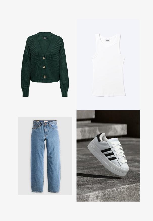 Cardigan en maille verte avec un col en V, des manches longues et trois boutons marron sur le devant. Motif texturé et ourlet côtelé.; Débardeur blanc côtelé sans manches avec encolure ronde et une petite étiquette indiquant "WEEKDAY" à l'intérieur du col.; Jean en denim bleu clair avec une coupe droite, cinq poches, une fermeture éclair et une texture légèrement délavée. Style classique avec peu de matériel.; Basket blanche avec des rayures et des lacets noirs flottant au-dessus d'escaliers en béton, montrant le côté et l'avant de la chaussure.