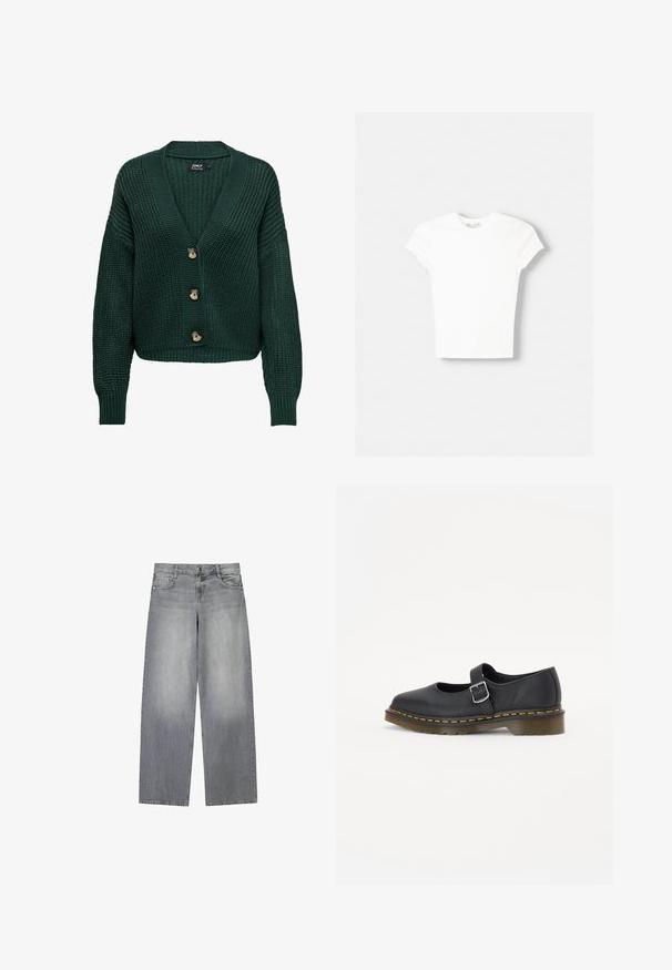 Cardigan en maille verte avec un col en V, des manches longues et trois boutons marron sur le devant. Motif texturé et ourlet côtelé.; T-shirt blanc à manches courtes en coton doux, avec un col rond et une coupe ajustée. Pas de motifs ni d'ornements visibles.; Jean en denim gris à jambes larges avec une finition légèrement décolorée, doté de cinq poches, d'une fermeture à bouton à l'avant et de passants de ceinture.; Chaussures Mary Jane en cuir noir avec un bout rond, boucle ajustable, coutures jaunes et une semelle en caoutchouc brun épaisse.