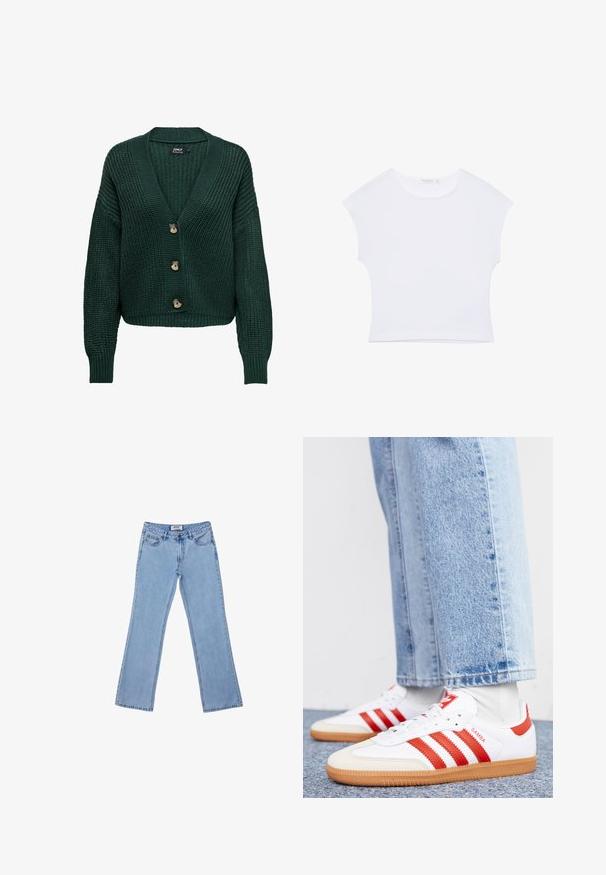 Cardigan en maille verte avec un col en V, des manches longues et trois boutons marron sur le devant. Motif texturé et ourlet côtelé.; T-shirt court blanc à manches courtes avec col rond, en tissu lisse, posé à plat sur un fond blanc.; Jeans évasés bleu clair en denim, dotés de cinq poches, d'une fermeture éclair et d'un motif de couture simple le long des coutures.; Baskets en cuir blanc avec des rayures et des accents rouges. Dotées d'une semelle extérieure en gomme texturée et d'un col rembourré. Portées avec un jean en denim bleu clair.