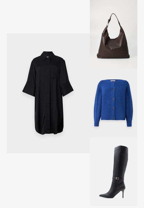 Blauwe gebreide cardigan met een ronde halslijn, lange mouwen en zes zwarte knopen aan de voorkant. Gestructureerde stof met een zachte afwerking.; Zwarte jurk met kraag, korte klokmouwen, een zak aan de voorkant en een recht model met een gladde textuur.; Zwarte leren kniehoge laars met een spitse neus, stilettohak en een decoratieve band met een gouden gesp bij de enkel.; Zign Shopper - chocolate brown