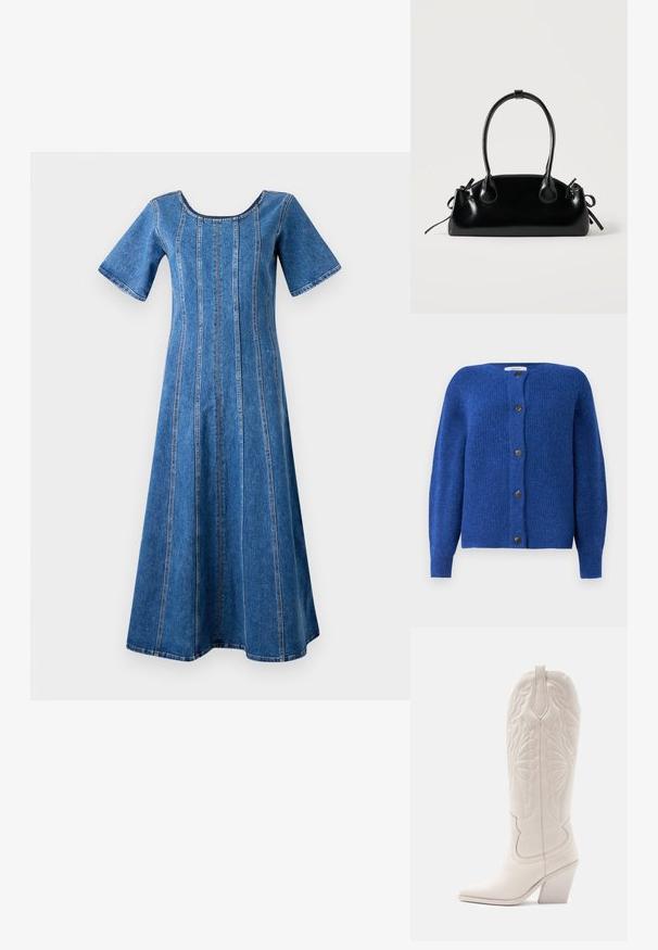 Sininen neulecardigan, jossa on pyöreä pääntie, pitkät hihat ja kuusi mustaa nappia edessä. Teksturoitu kangas, jossa on pehmeä pinta.; Object Midi Denim - Vapaa-ajan mekko - medium blue denim; Valkoinen nahkainen cowboy-kenkä, jossa on teräväkärkinen muoto ja lohkareellinen korko. Ominaisuuksia ovat yksityiskohtaiset ompelumallit varressa ja sileä pinta.; Pieni musta kiiltävä käsilaukku, jossa on kaksi pitkää kantokahvaa ja sivulla nyöritys yksityiskohtia yksinkertaisella vaalealla taustalla.